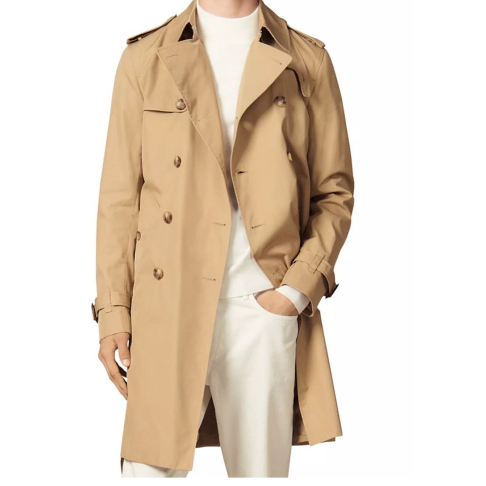 SANDRO Magnetic Coat mens/Womans: Medium Trench Double Breasted Mid Length Beige